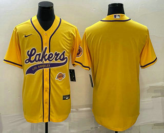 Mens Los Angeles Lakers Blank Yellow With Patch Cool Base Stitched Baseball Jersey->->NBA Jersey